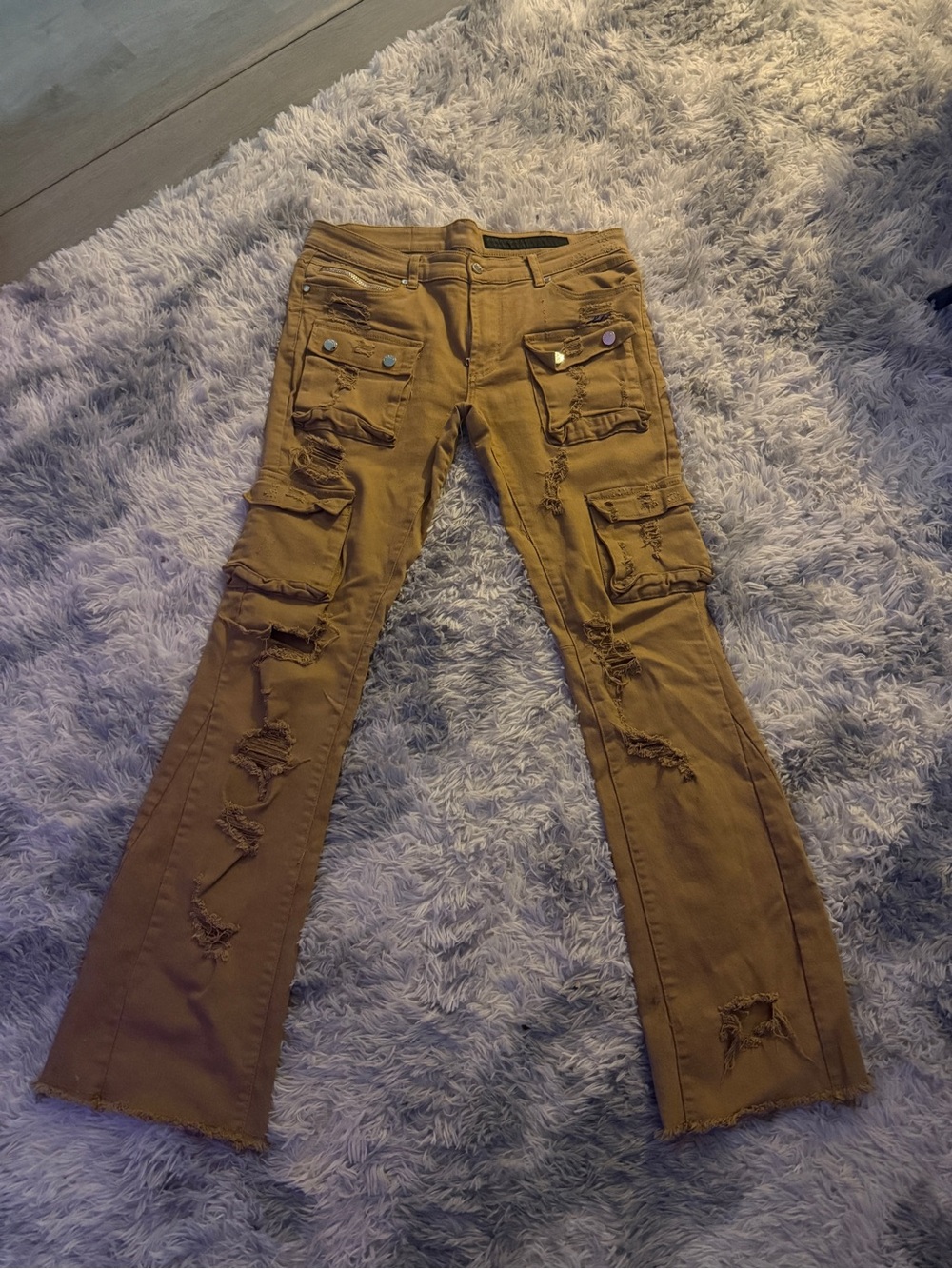 Distressed Stacked Cargo-Style Men's Jeans in Brown
